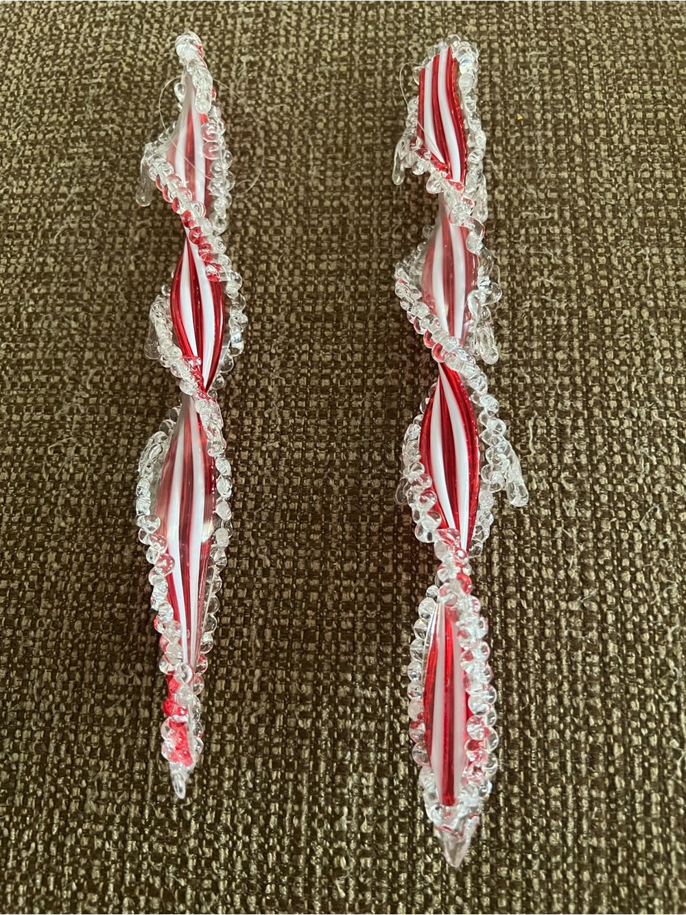 Holiday Red and White Plastic Twisted Clear bearded Icicle Ornaments - Set of 2